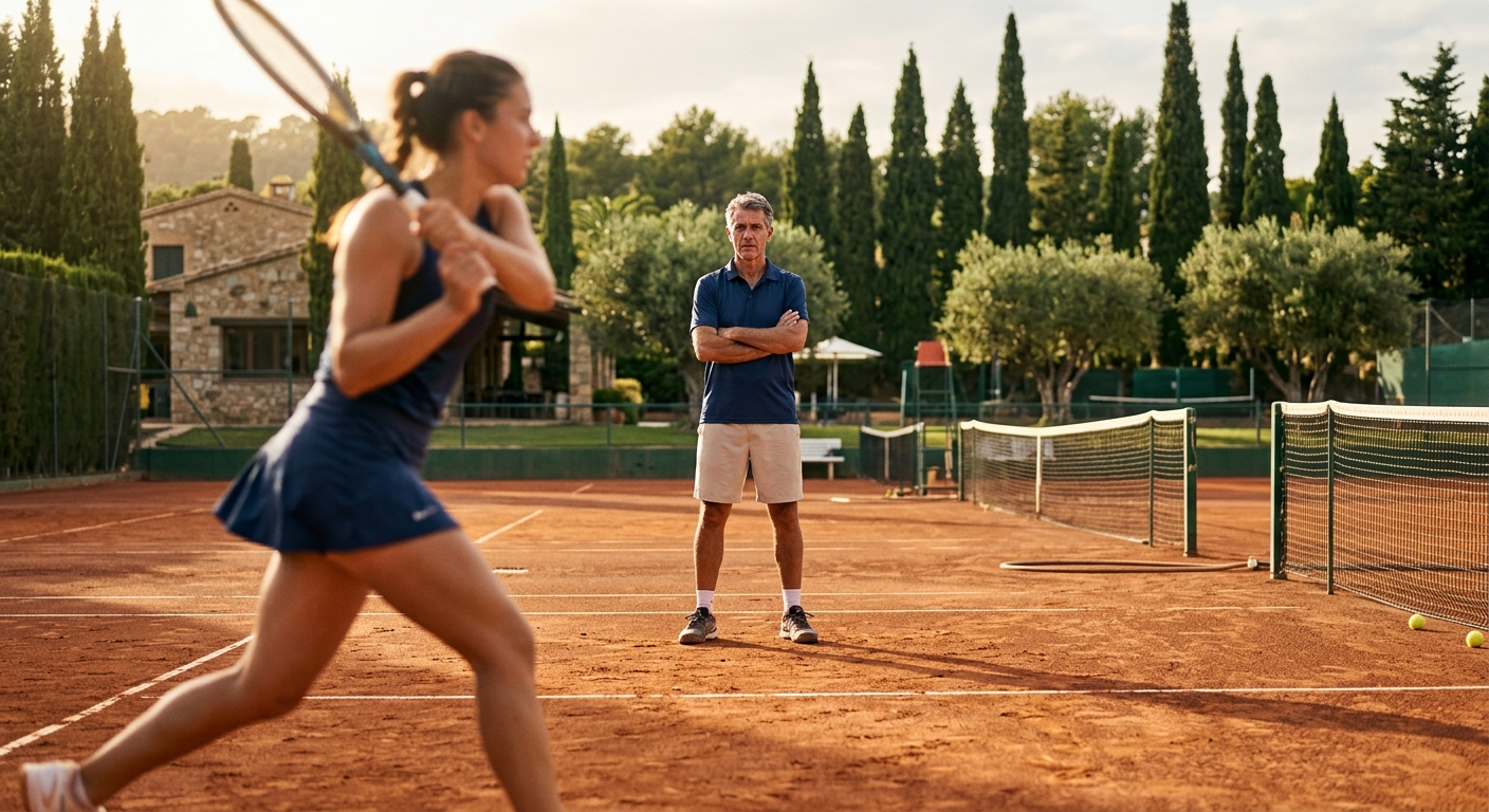 Ad image, coach watching a student on clay