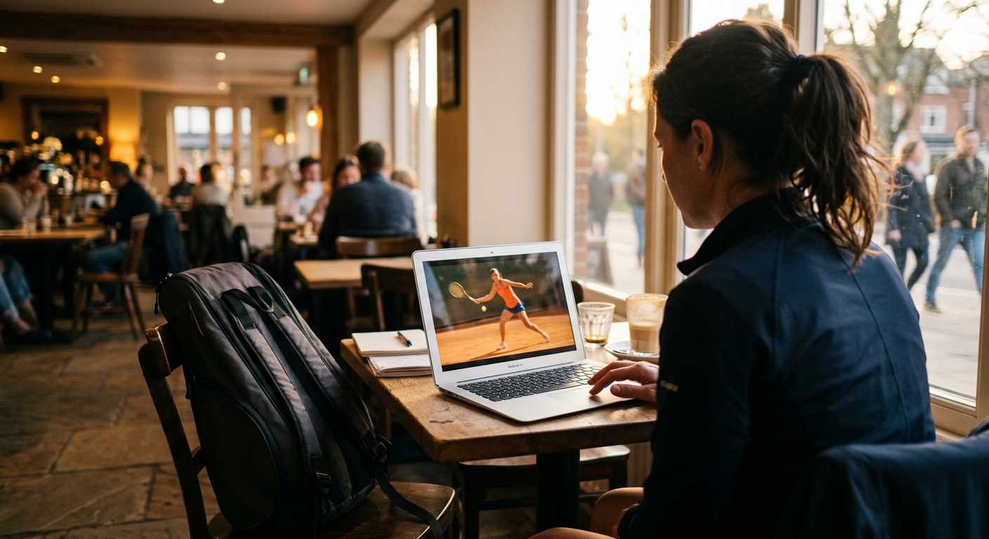 A player reviewing slow motion stroke footage on a laptop