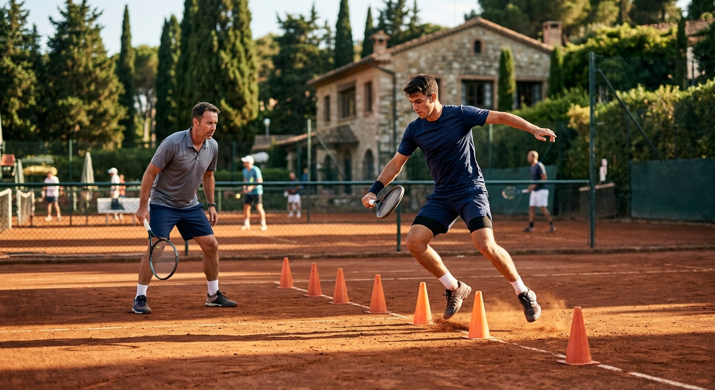Footwork coaching on a clay court with training cones