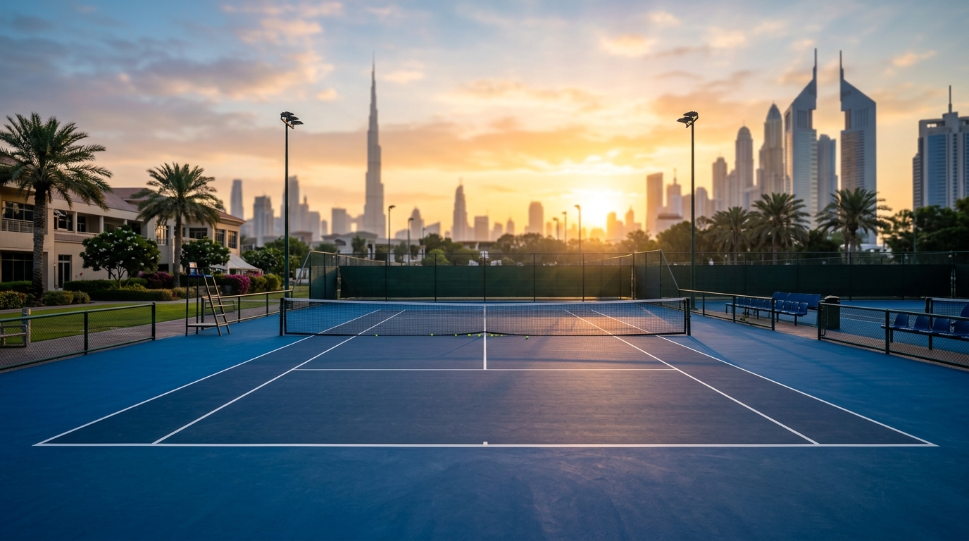 The Aviation Club Tennis Centre in Dubai at sunrise, the venue for the TTT Dubai Tennis Holiday