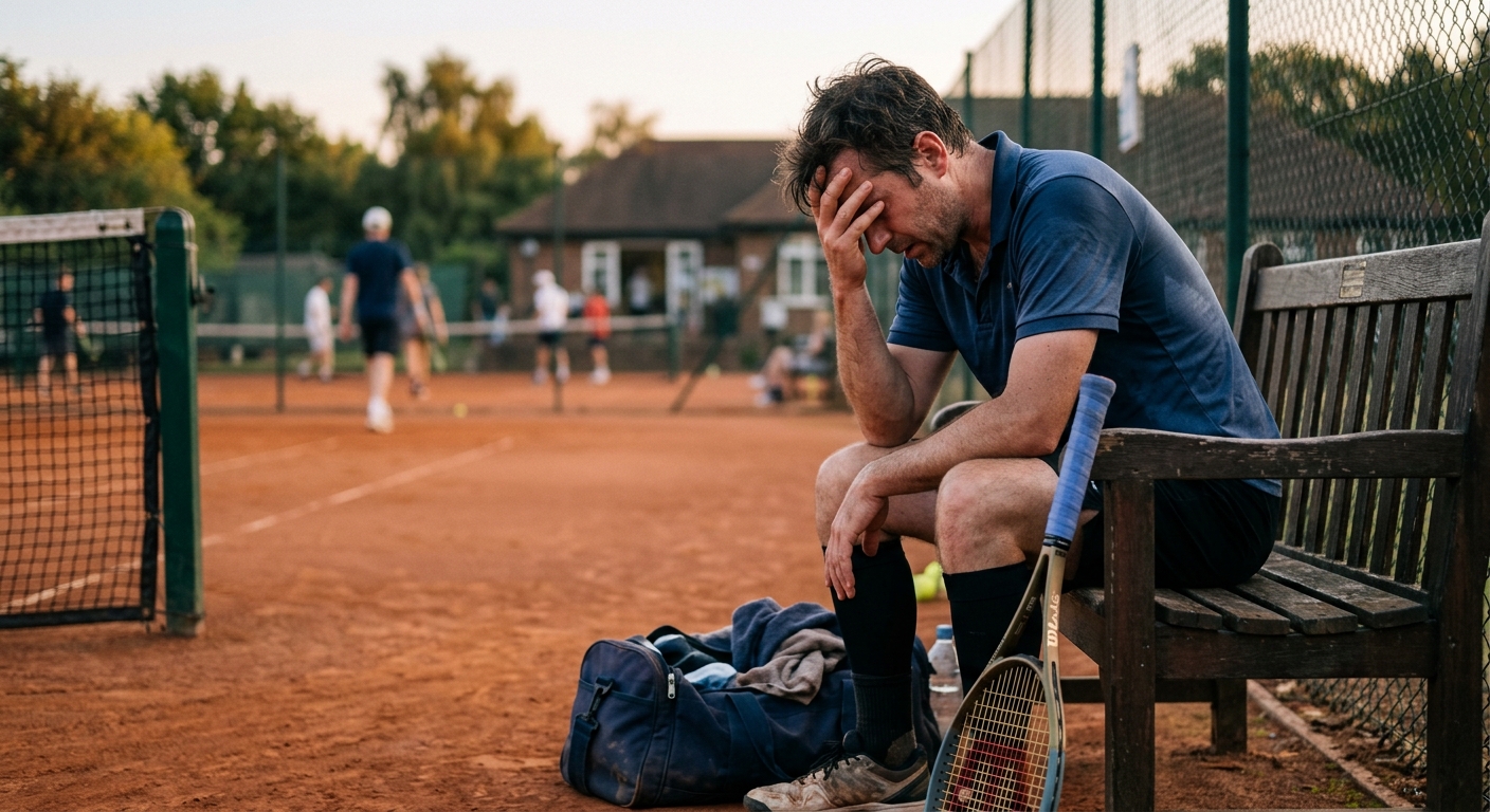 A club player sitting on a courtside bench after a frustrating match